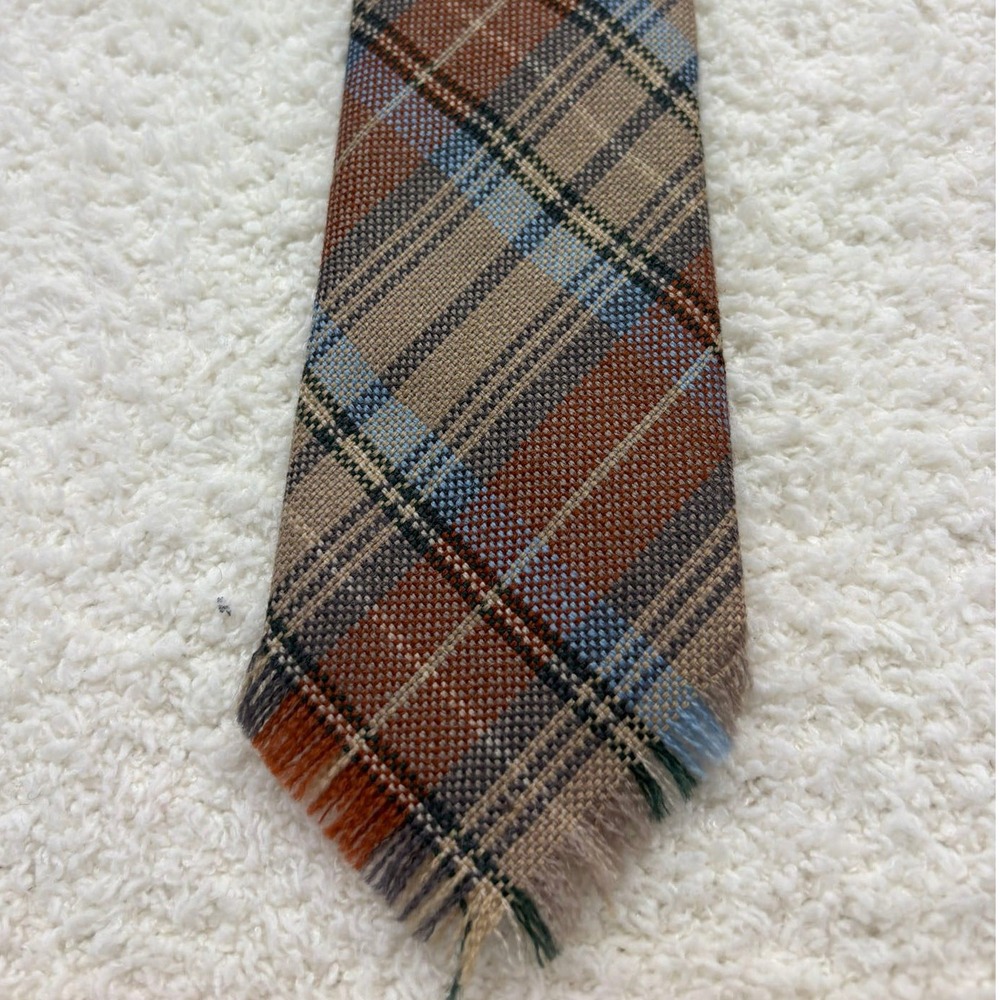 J. Riggings Necktie Tie Mens Brown Plaid Excellent Fringed Woven Classic